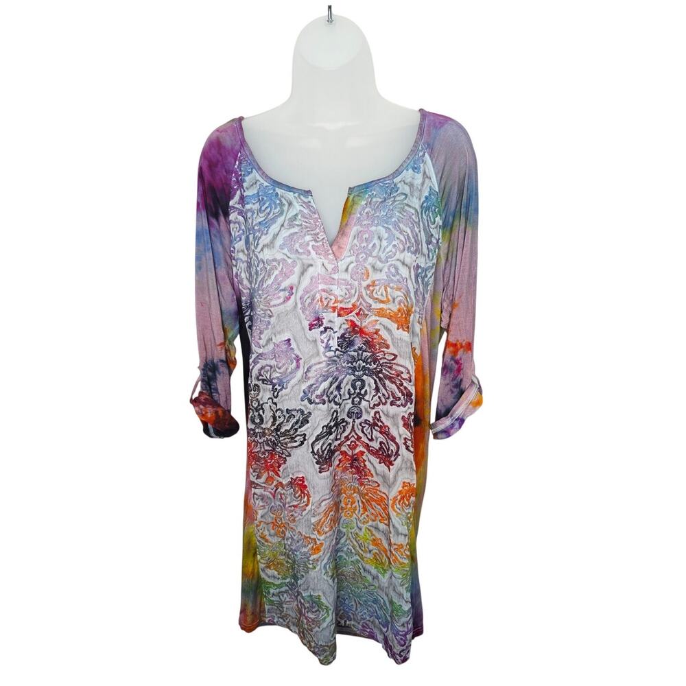 Women’s XL Boho Embroidered Tie Dye Dress Multicolor Stretch Festival Hippie